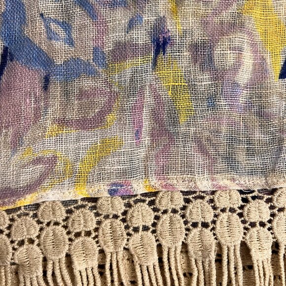 Chicos Linen Weave Poncho Cape Watercolor Paisley Crochet Fringe L/XL - Picture 12 of 13